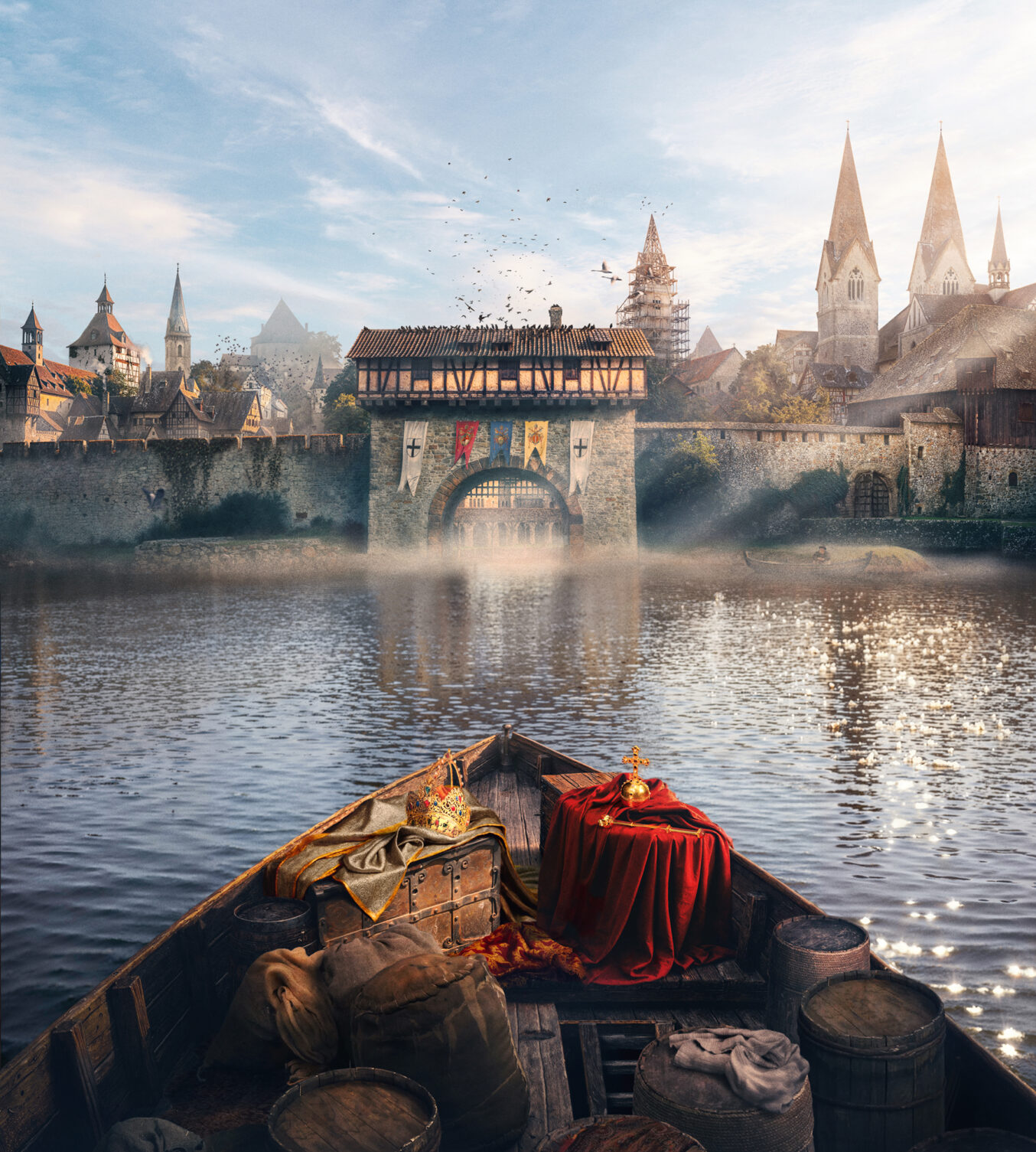 Historische Stadtszene von Konstanz mit Stadttor, Kirchen und beladenem Boot auf dem Wasser