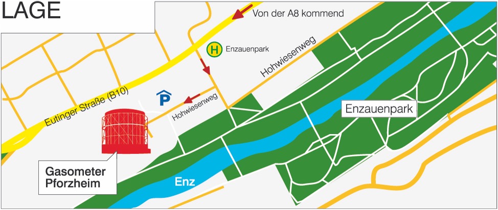 Lageplan zum Gasometer Pforzheim am Enzufer mit Anfahrtswegen und Enzauenpark